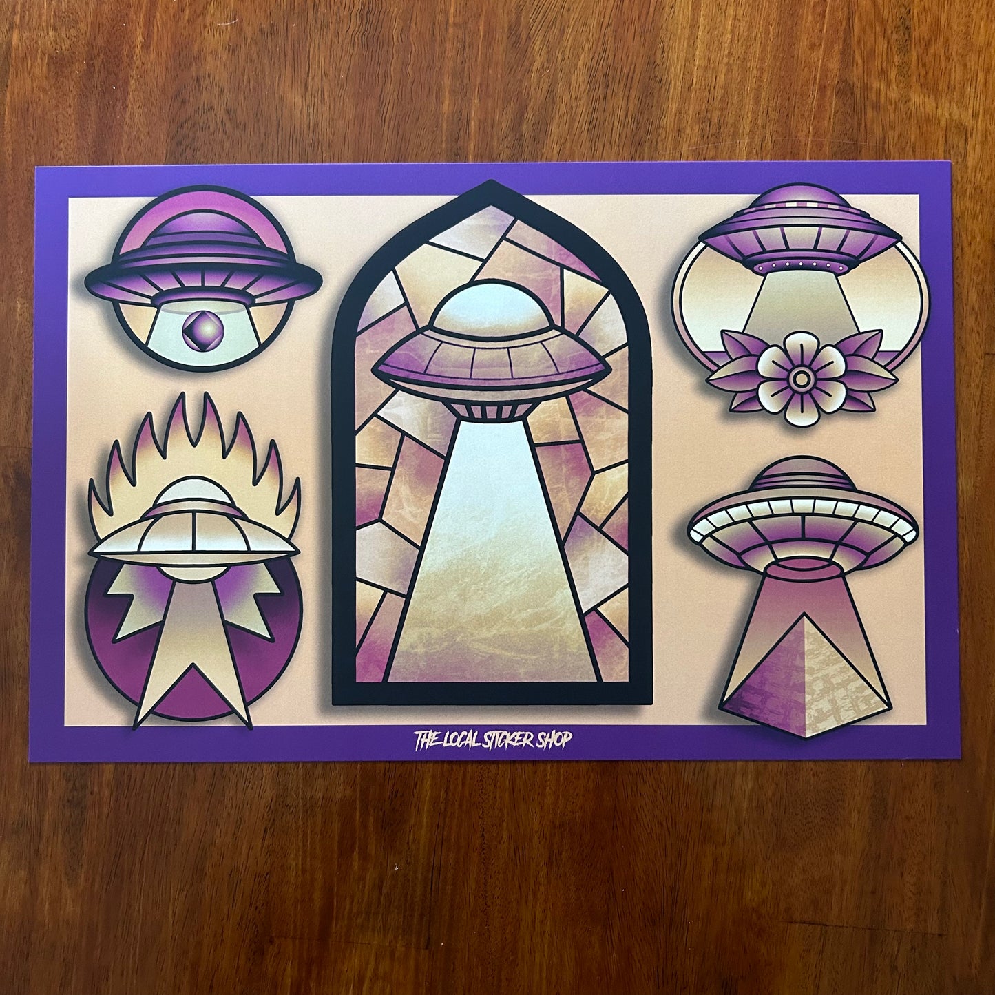 Art print with UFO’s in a tattoo flash setup, 5 different designs great for decorative wall art. Purple tints with muted earthy tones and deep contrast.