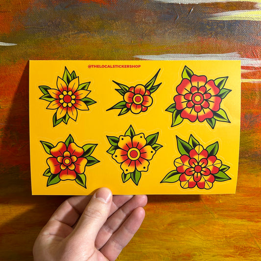 Sheet of 6 waterproof die cut stickers of various yellow and red flowers, all measuring around 2-3 inches.